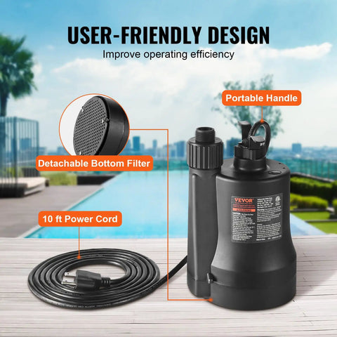 Submersible Sump Pump One Third HP, 2450 GPH High Flow, 30 Feet Head, heavy-duty thermoplastic with cord by poolside view