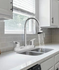 Top Shelf Two Handle Kitchen Faucet Featuring Slick High Arch Curve And Full 360 Swivel Motion Built With Rust Resistant Stainless Steel and Polished Chrome.