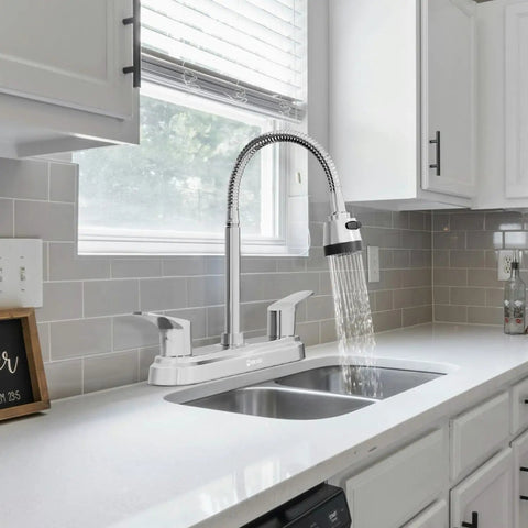 Top Shelf Two Handle Kitchen Faucet Featuring Slick High Arch Curve And Full 360 Swivel Motion Built With Rust Resistant Stainless Steel and Polished Chrome.