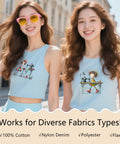Two women wearing tops with Iron On Transfers Set With 6 Sheets Quirky DTF Transfers Ready To Press Heat Vinyl Decals for T-shirts.