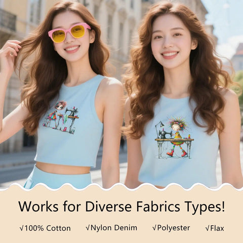 Two women wearing tops with Iron On Transfers Set With 6 Sheets Quirky DTF Transfers Ready To Press Heat Vinyl Decals for T-shirts.