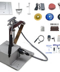Portable Mini Belt Polisher And 4 In 1 Bench Grinder For Cutting Grinding Polishing And Drilling With Adjustable Angle Ruler and accessories layout.