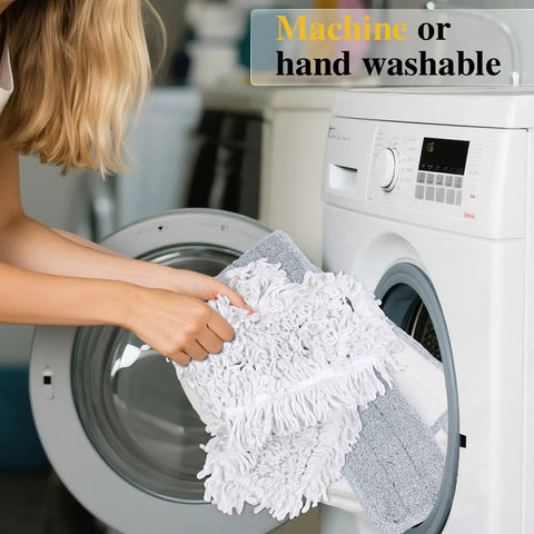 Woman placing a mop pad in a washing machine, showing the Heavy Duty 36 Inch Commercial Mop Kit With Cotton and Microfiber Pad
