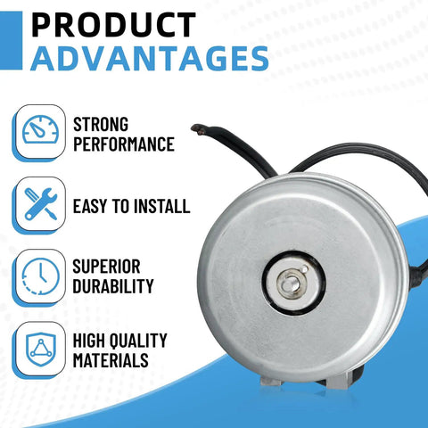 Fridge Condenser Fan Motor Replacement 120V 2W 0.28A 50 60 Hz with aluminum housing, showing product advantages.