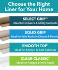 Comparison chart of various liners including Select Grip, Solid Grip, Smooth Top, and Clear Classic for home cabinets and storage use.