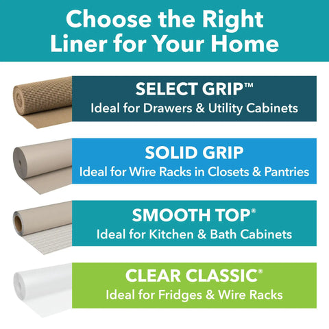Comparison chart of various liners including Select Grip, Solid Grip, Smooth Top, and Clear Classic for home cabinets and storage use.