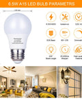 Image showing a Six Pack A15 LED Light Bulbs 60 Watt Equivalent 6.5W Dimmable E26 Soft White 3000K 600 Lumens with parameter details.