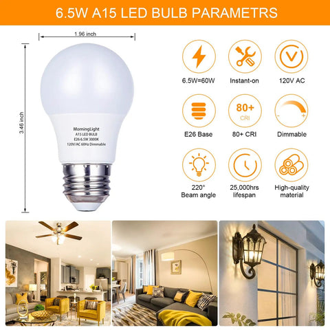 Image showing a Six Pack A15 LED Light Bulbs 60 Watt Equivalent 6.5W Dimmable E26 Soft White 3000K 600 Lumens with parameter details.