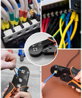 Collage of Ferrule Crimping Tool Kit For Wire And Terminal Ferrules, Square Jaw Crimpers With Ratchet, demonstrating usage
