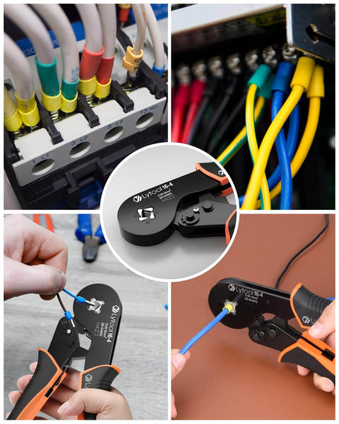 Collage of Ferrule Crimping Tool Kit For Wire And Terminal Ferrules, Square Jaw Crimpers With Ratchet, demonstrating usage
