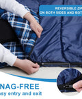 Hands using reversible zipper on double sleeping bag for camping and backpacking, queen size two person, waterproof and lightweight.