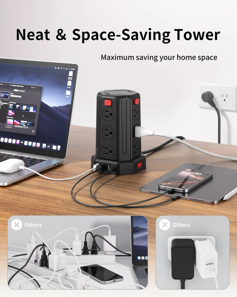 12 Outlet Surge Protector Power Strip Tower with 10 Ft Extension Cord and 4 USB Ports on office desk setup.