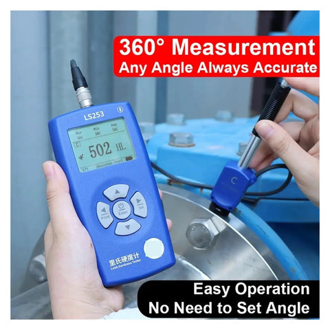 Heavy Duty Handheld Digital Metal Hardness Tester With Dual Coil Design And Wireless Print Capabilities For Steel Or Aluminum Alloy Straight Up Precision Testing, measuring on steel surface.