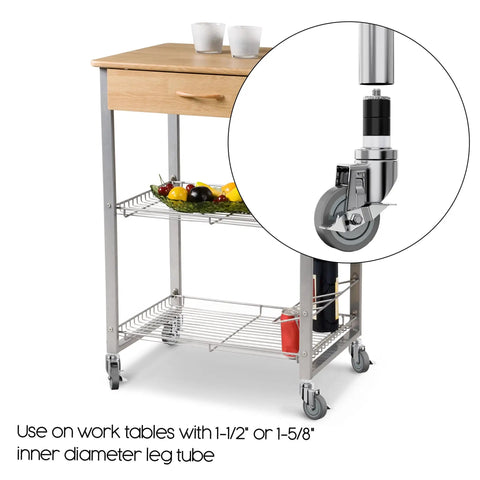 Set Of 4 Heavy Duty Table Casters With 3 Inch Non Marking Rubber Wheels, Universal Fit For Kitchen Cart And Utility Table Legs, Crushes Heavy Loads, No Sweat Setup on kitchen cart with gray rubber wheels.
