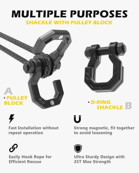 Separate D Ring Shackle With Pulley Block Snatch Block Three Quarters Inch Easy Open Off Road Recovery Set Built For Tough Jobs Beefed Up Heavy Duty 26 Ton Breaking Strength Ideal For Tow Trucks And Vehicle Recovery Black, black pulley block and D-ring shackle