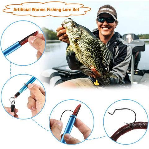 Angler holding fish with 5.5 Inch Wacky Worm Lure Kit With 133Pcs Soft Plastic Lures Grub Baits Hooks O Rings Weights Rig Tool