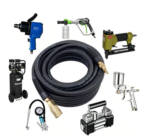 Heavy Duty 1/4 Inch Air Compressor Hose 50 Feet Long, Kink Resistant PVC Rubber Blend With Bulletproof Fittings, Smooth Operator All Weather Coil For Garage, Barn Or Weekend Grind with pneumatic tools.