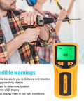 Stud Finder Wall Scanner, 5 in 1 Stud Finder Tool with LCD Display (Yellow) shown with a drill in action.