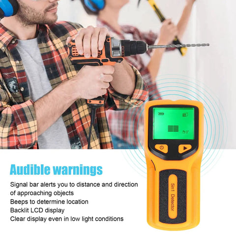 Stud Finder Wall Scanner, 5 in 1 Stud Finder Tool with LCD Display (Yellow) shown with a drill in action.