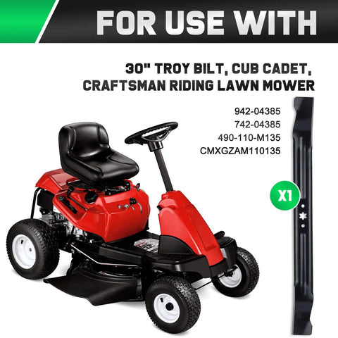 30 Inch Riding Mower Blade Replacement For Troy-Bilt TB30 TB30R Craftsman R1000 RER1000 R1500 Cub Cadet CC30 CC30H Fits 6 Point Star 5 Eighth Inch Spindle 742-04385 942-04385 next to red riding mower