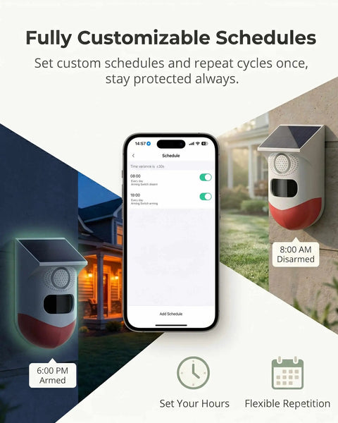 WiFi Solar Motion Sensor Alarm Outdoor With Free App Alerts Real Time Push Notifications 2.4G WiFi Compatible Battery Powered Solar Security Sensor Easy Zone Management Weatherproof Outdoor Home Surveillance schedule setup on phone