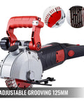 Tough As Nails 4800W Wall Chaser And Concrete Groove Cutter With 125mm Blade, close-up view highlighting adjustable features.