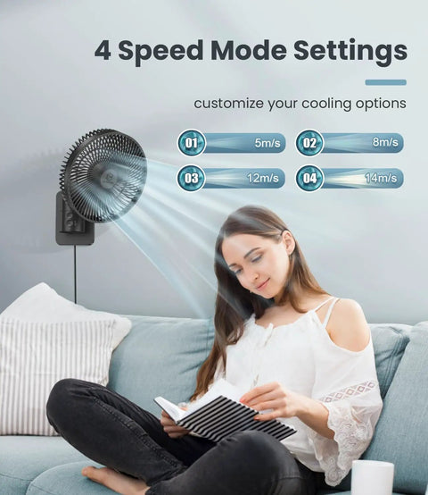 Woman relaxing with 8 Inch Small Wall Mounted RV Fan With Remote Control, 90 Degree Oscillation, 4 Speeds, 4 Timer Settings, Adjustable Tilt, 70 Inch Cord, Quiet Operation For Corner Bedroom Home Office Garage mounted on wall.