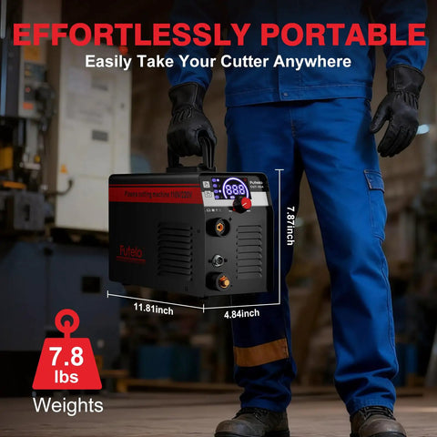 Person holding a Dual Voltage Plasma Cutter 55A with Large LED Display, Contact Arc Start, IGBT Inverter, shown for portability
