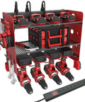 Power Tool Organizer Wall Mount With Charging Station For Garage And Workshop, 3 Layer Storage Rack, 4 Drill Storage Shelves With Hooks