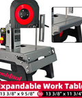 Shop Tough 5 Inch Metal Band Saw Featuring A Rock Solid 1.5 Hp Motor And Smooth Variable Speed Control For Seamless Cuts and Heavy Duty Benchtop Metal Fabrication showing expandable work table dimensions.