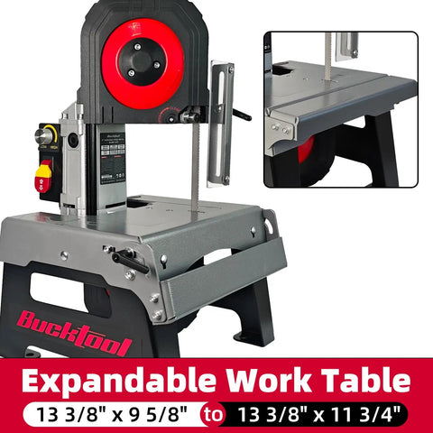 Shop Tough 5 Inch Metal Band Saw Featuring A Rock Solid 1.5 Hp Motor And Smooth Variable Speed Control For Seamless Cuts and Heavy Duty Benchtop Metal Fabrication showing expandable work table dimensions.