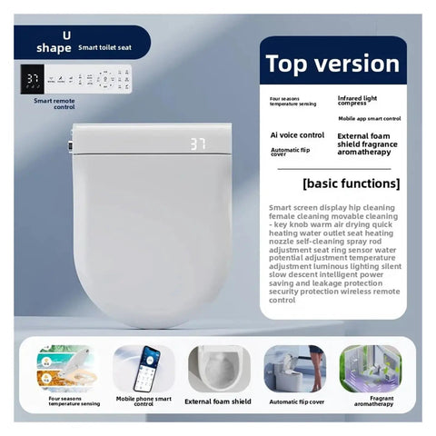 Straight Up Game Changing Auto Flip Smart Toilet Seat With Constant Temp Heating Cushion Integrated Dual Spray Bidet And Universal U Shape Fit. U shape smart toilet seat with remote control features and automatic flip cover.