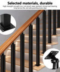Badass Heavy Duty Undrilled Outdoor Handrail Post With No Hassle Setup And 270 Degree Adjustable Base For Backyard Projects Matte Black Iron Railing Bracket in use on stairs.