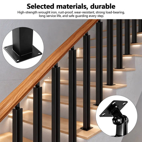 Matte Black Holeless Railing Post 35 Or 37 Inches With 270 Degree Swivel For Decks And Porches shown on wooden staircase.