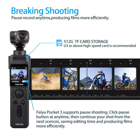 Pocket 3 Kit Handheld 4K Vlogging Camera With 3 Axis Gimbal And Image Stabilization 12 MP CMOS Sensor showcasing pause feature.