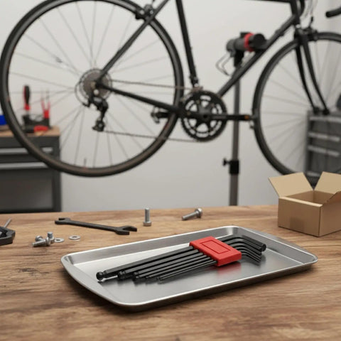 Rock Solid Seven Piece S2 Carbon Steel Hex Key Set on tray for bike repairs and furniture assembly