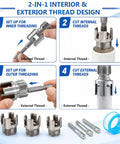 Ultimate 3 Piece Pipe Threading Wrench Set For 1/2 In 3/4 In And 1 Inch Pvc Pipes showing dual function internal and external threading.