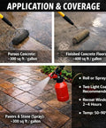Application instructions for Pro Level Wet Look High Gloss Sealer for Pavers Concrete and Stone, showing roll and spray methods.