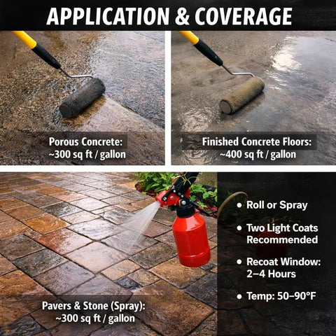 Application instructions for Pro Level Wet Look High Gloss Sealer for Pavers Concrete and Stone, showing roll and spray methods.