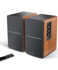 Powered Bookshelf Studio Monitors For Home Studio And Desk Setup 42 Watts RMS 2.0 Stereo Near Field Listening Subwoofer Line Out Automatic Sub Detection Dual RCA Inputs Classic Wooden Enclosure with remote