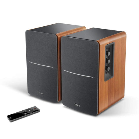 Powered Bookshelf Studio Monitors For Home Studio And Desk Setup 42 Watts RMS 2.0 Stereo Near Field Listening Subwoofer Line Out Automatic Sub Detection Dual RCA Inputs Classic Wooden Enclosure with remote