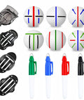 8 Pack Precision Golf Ball Marker Set with colorful stencils and markers for alignment on the green, featuring black stencil tools