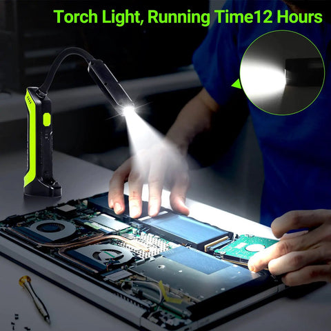 LED Work Light With Magnetic Base And Flexible Gooseneck 360 Degree Rotary Head Rechargeable lighting up a laptop repair