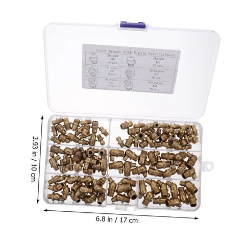 Copper Grease Nipples Assortment Kit For Automotive Use With High Hardness Copper Fittings in plastic case with compartments