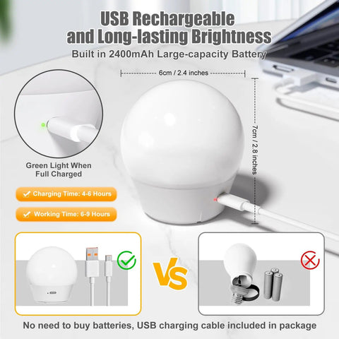 USB rechargeable lamp with battery, charging cable comparison, and green light indicator when fully charged.