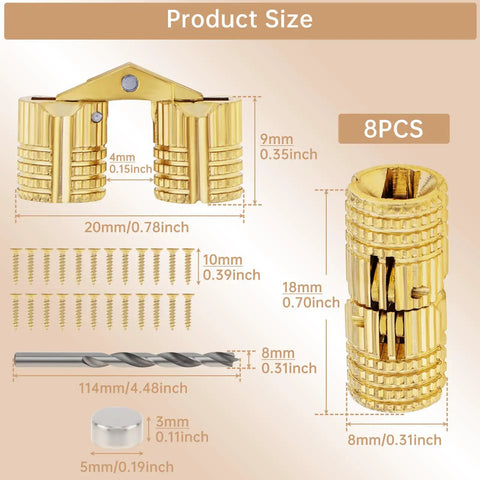 8 Pack 8mm Hidden Brass Barrel Hinges With Magnet Drill Bit And Depth Stop Collar dimensions and components display
