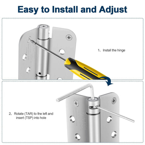 Self-closing 4-inch brushed nickel door hinge, spring-loaded, left/right hand, 2-pack; front view with screwdriver.
Installed 4-inch brushed nickel self-closing door hinge; spring-loaded, adjustable tension; left/right hand, 2-pack.
