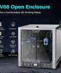 Metal and tempered glass open printer enclosure with drag chain and filter fan for SV08 upgrade on display.
