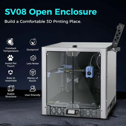 Metal and tempered glass open printer enclosure with drag chain and filter fan for SV08 upgrade on display.