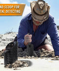 Man using Workhorse Heavy Duty Sand Scoop For Metal Detecting With Shovel And Trowel Beach Sand Sifter For Shelling on beach